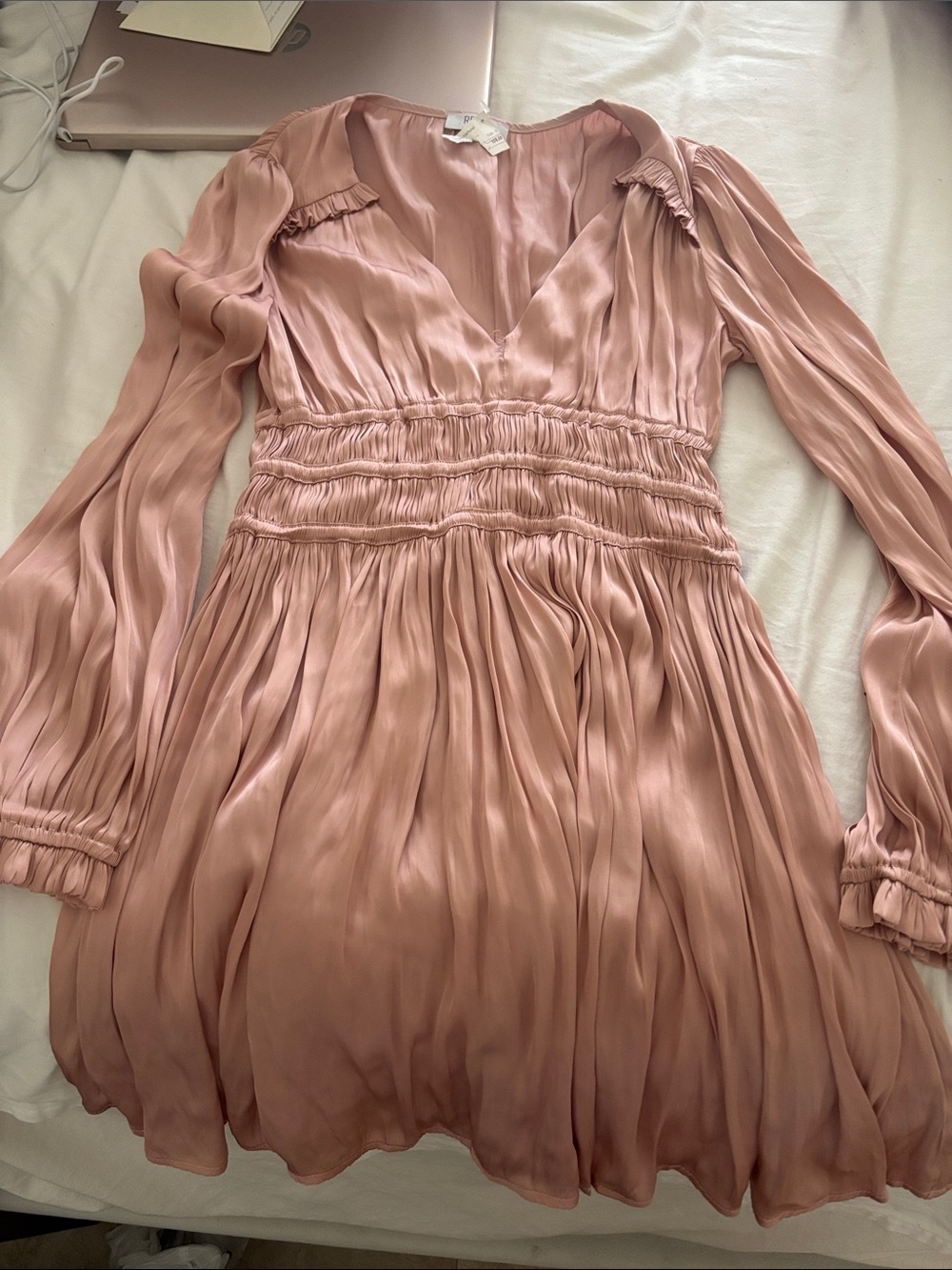 RESET dress - Small Blush Pink Long-Sleeve V-Neck Pleated Women’s Dress
